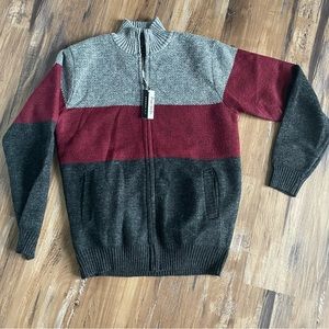 Portabella Fashion L Mens Knit Sweater NWT Wine Striped Fleece Lined Zip Up